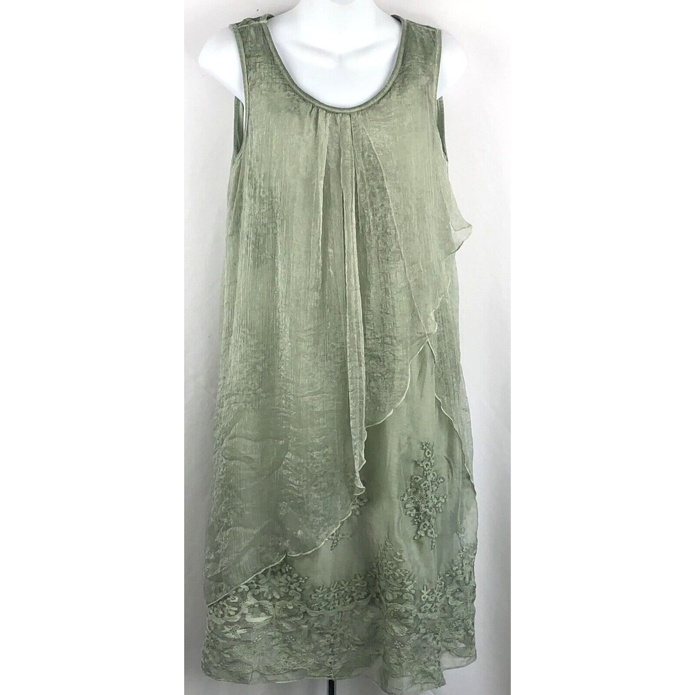 Boutique A-Line Midi Dress S Layered Ruffles Green Floral Embroidered Fairy Boho